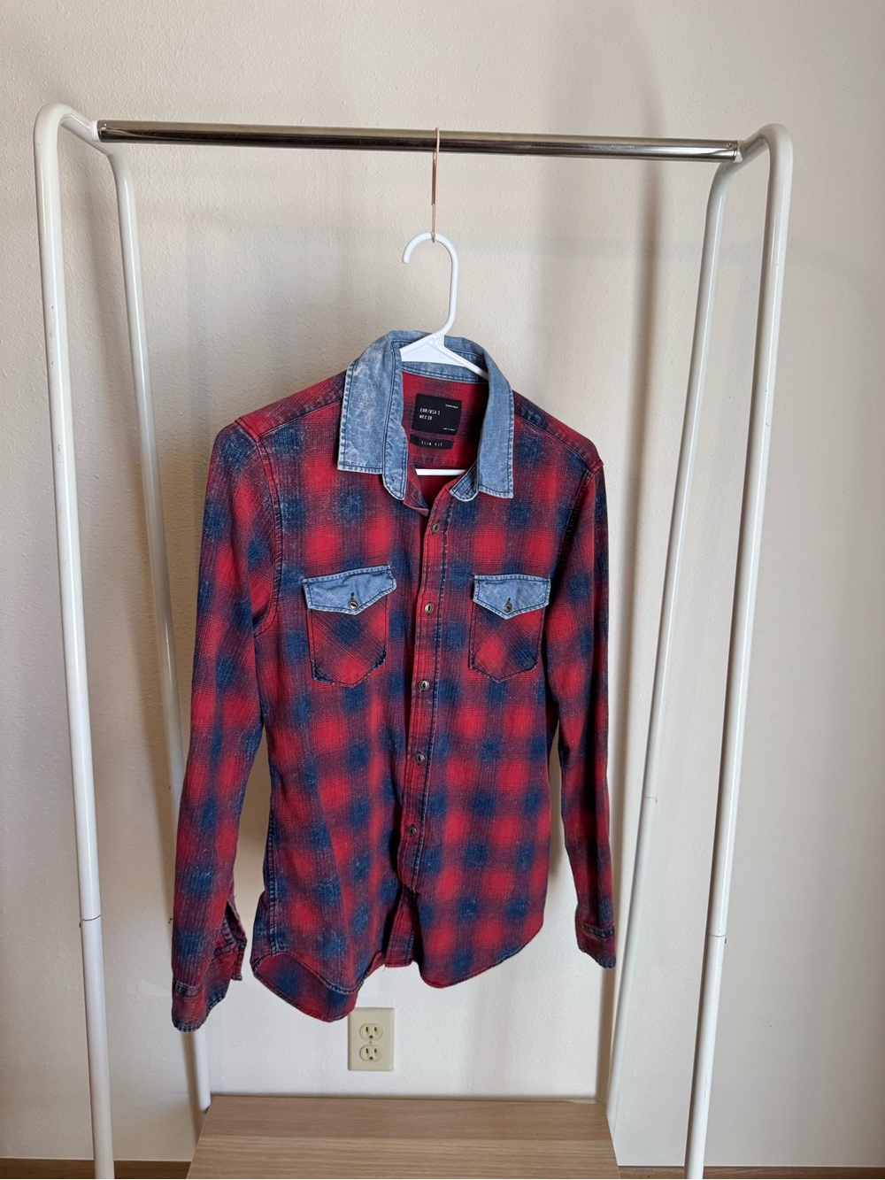 Zara Red and Blue Plaid Button-Down Shirt with Denim Collar